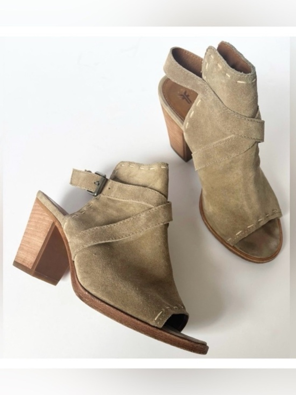 Frye Dani Pickstitch Suede‎ Peep Toe Heeled Sandals